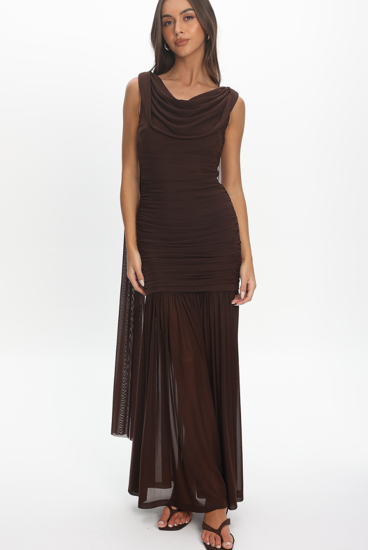Athena Ruched Cowl Neck Maxi Dress - Chocolate Brown