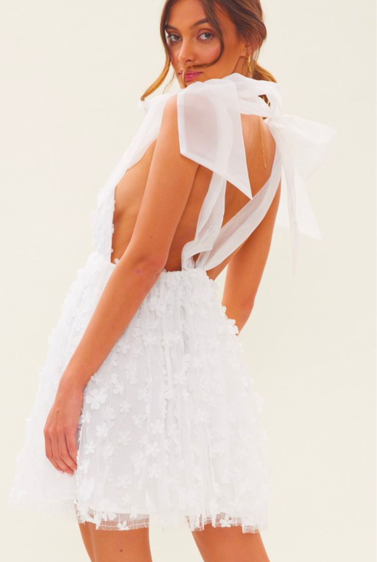 white 3d floral mini dress