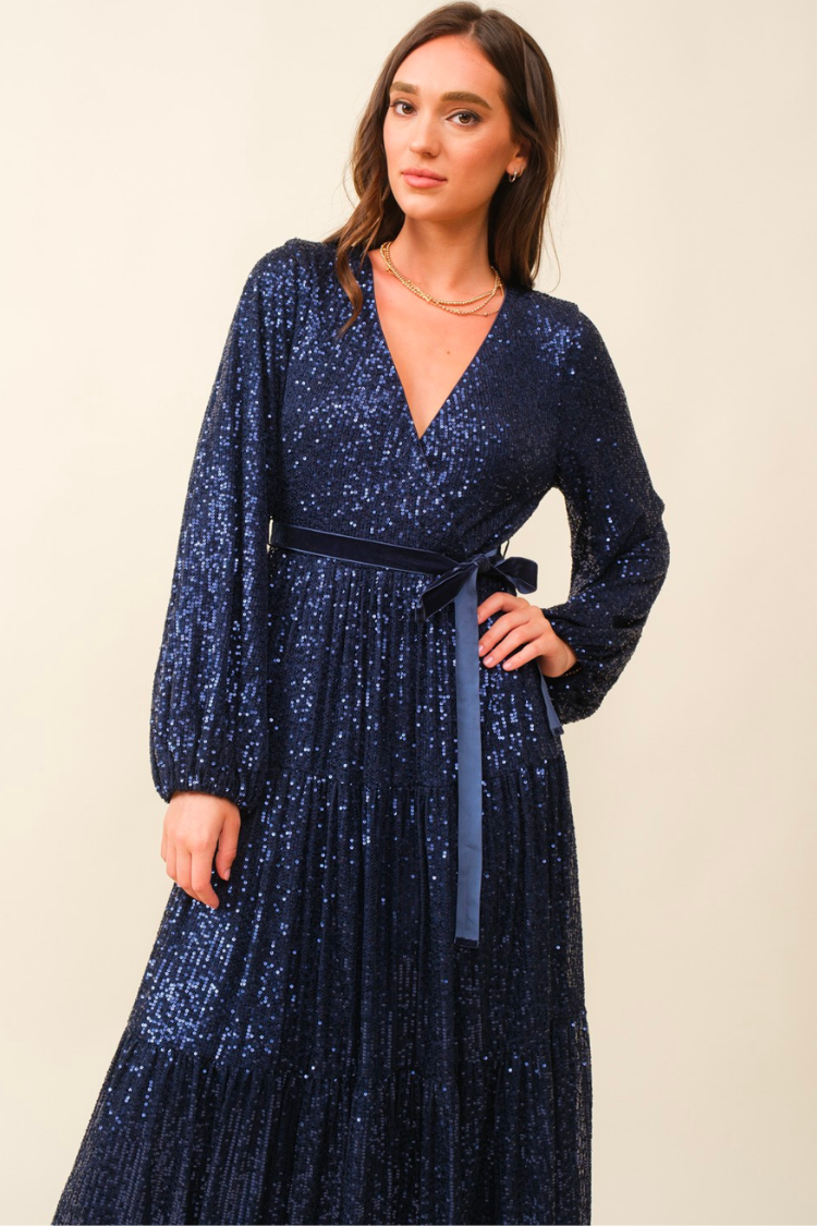 midnights navy sequin midi dress