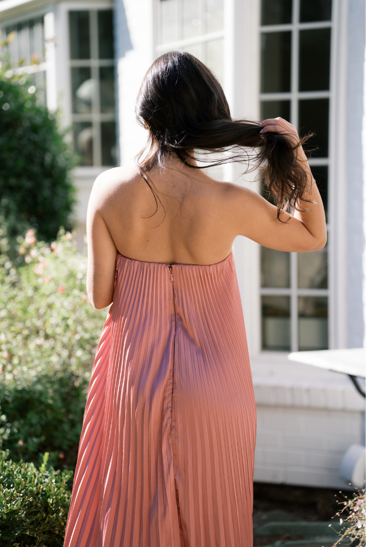 deep pink pleated strapless maxi dress for wedding guest dress, pink wedding guest dress