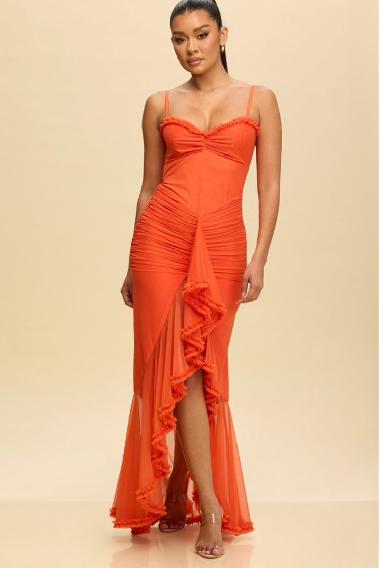 Lauren Shirred Mesh Ruffle Maxi Dress - Orange L / Orange & Terracotta Lauren Shirred Mesh Ruffle Maxi Dress - Orange L / Orange & Terracotta