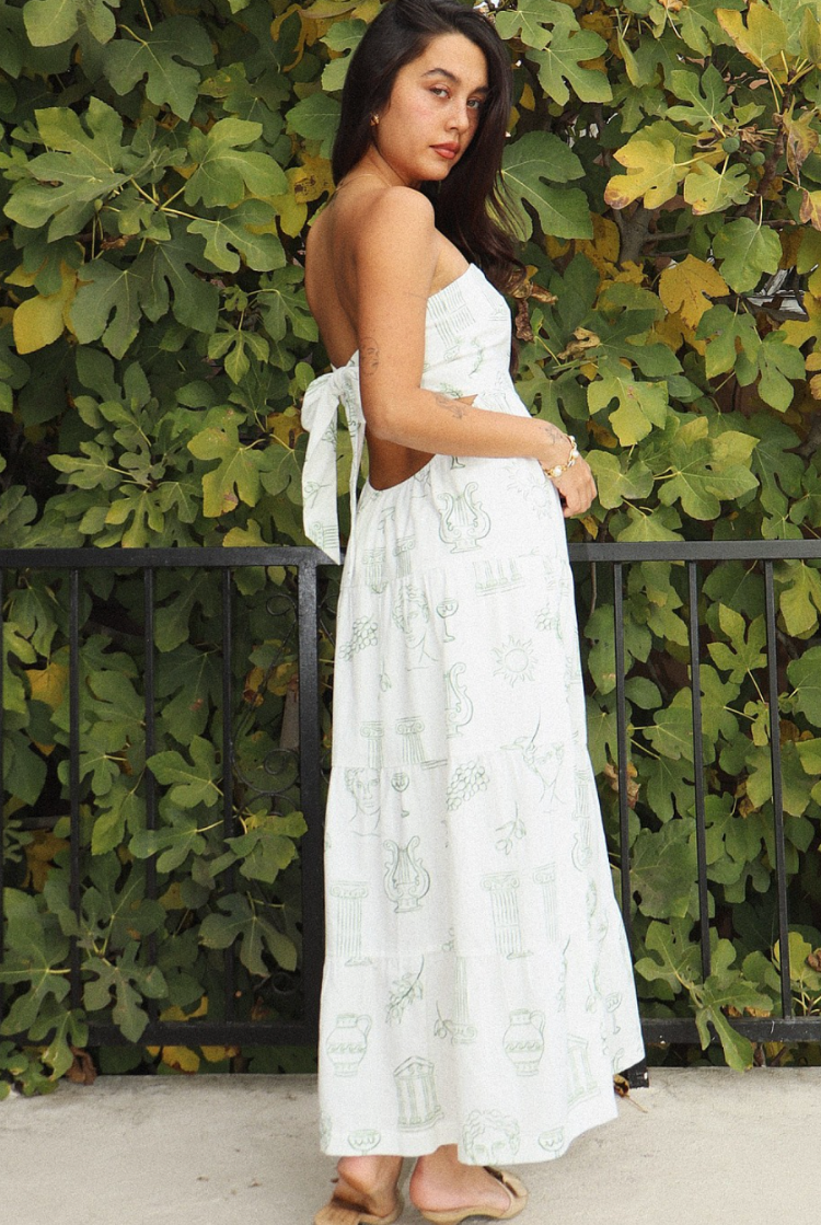 athena grecian print green and white maxi dress