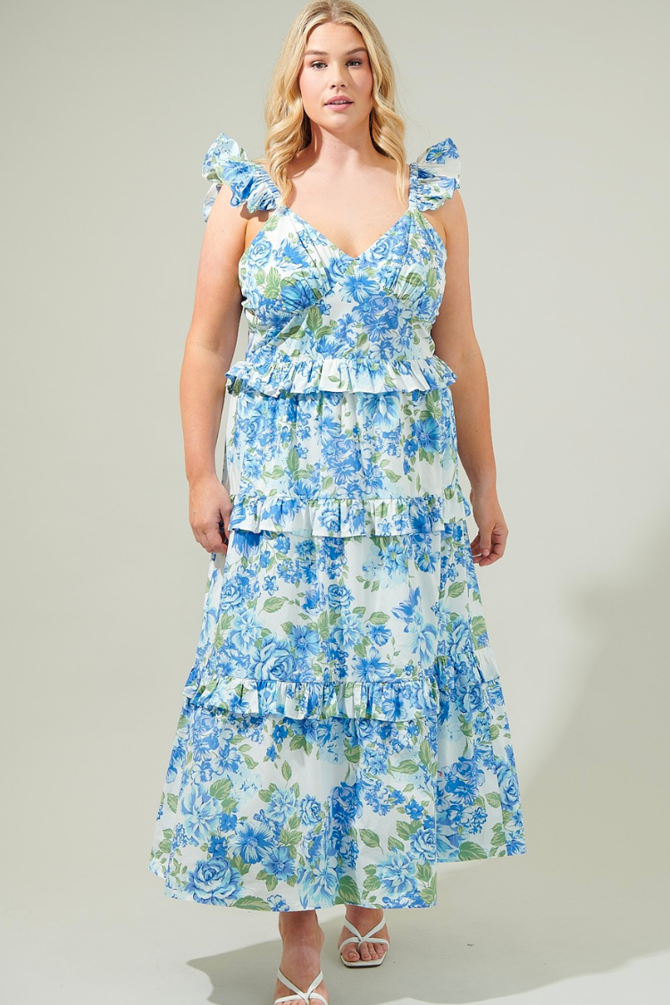 Truth Be Told Blue Floral Tiered Maxi Dress Curve Blue-Cream / 3X by Sugarlips