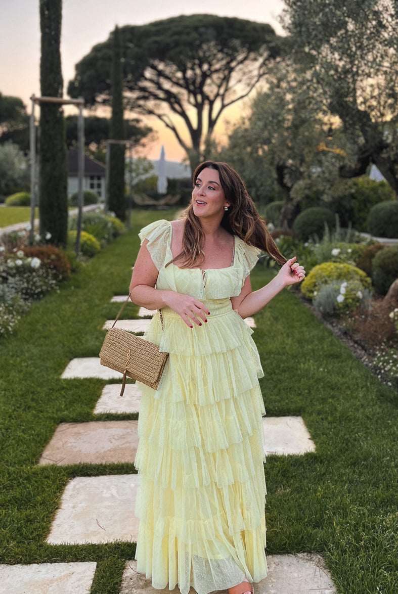 pale yellow swiss dot ruffle maxi dress