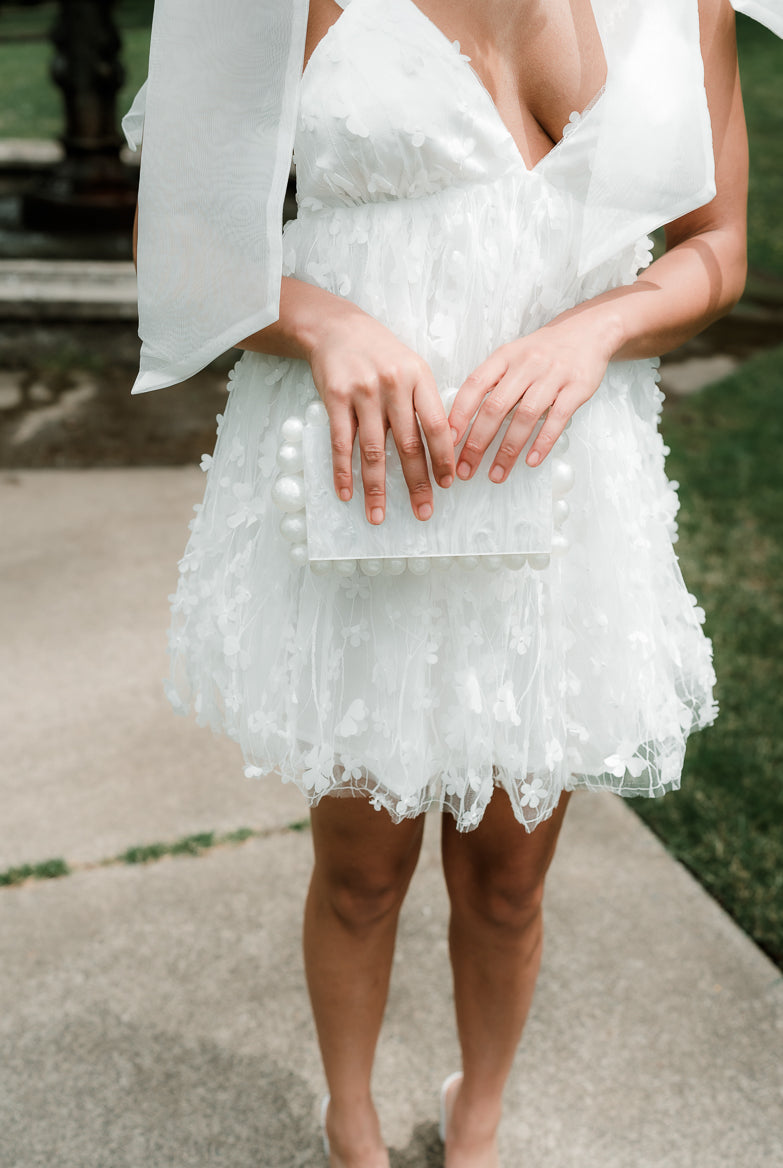 aria white 3d floral mini dress with shoulder bow ties