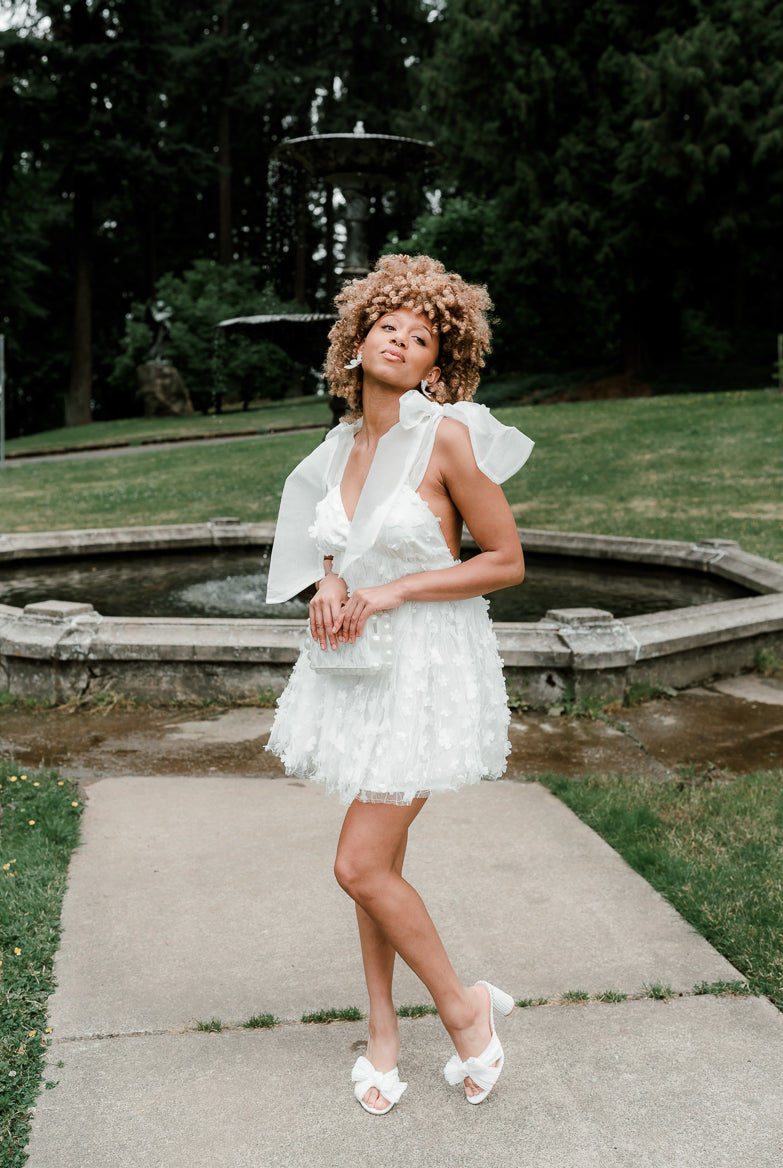 aria white 3d floral mini dress with shoulder bow ties