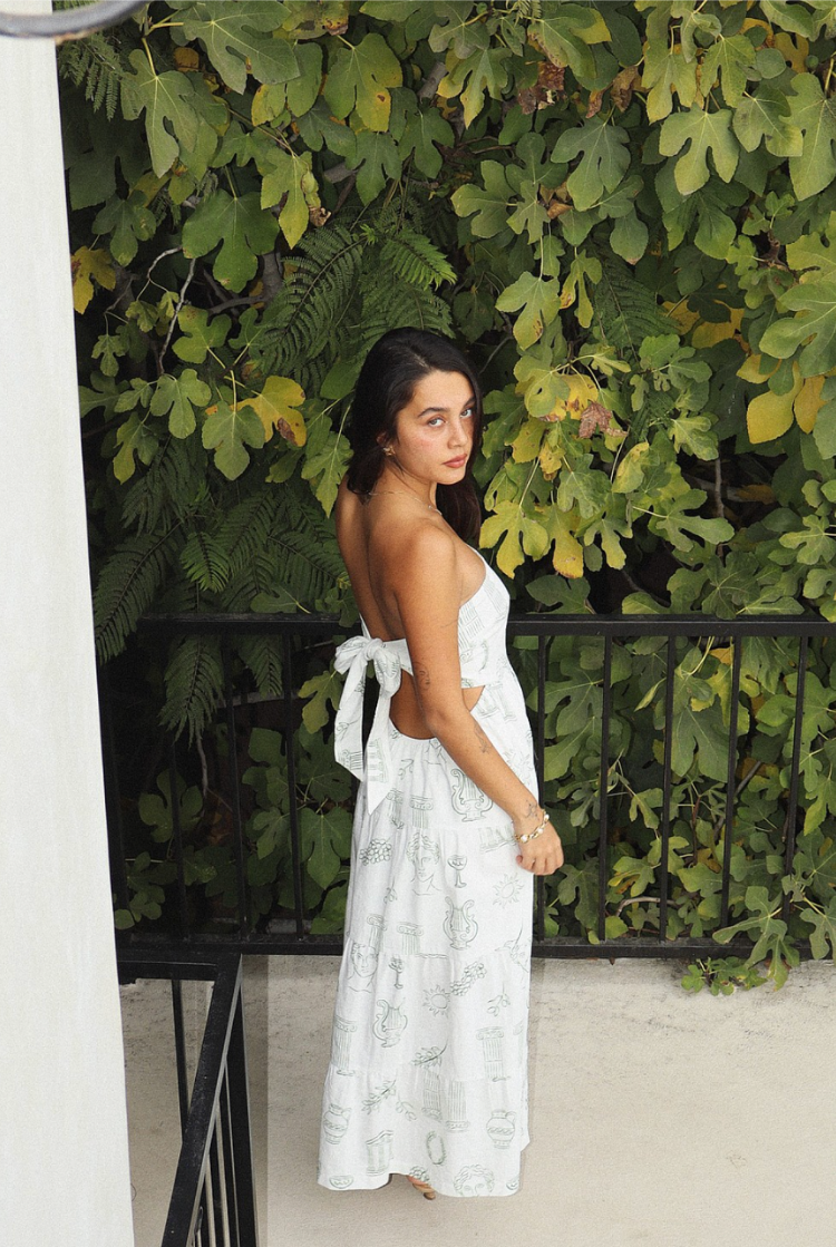athena grecian print green and white maxi dress
