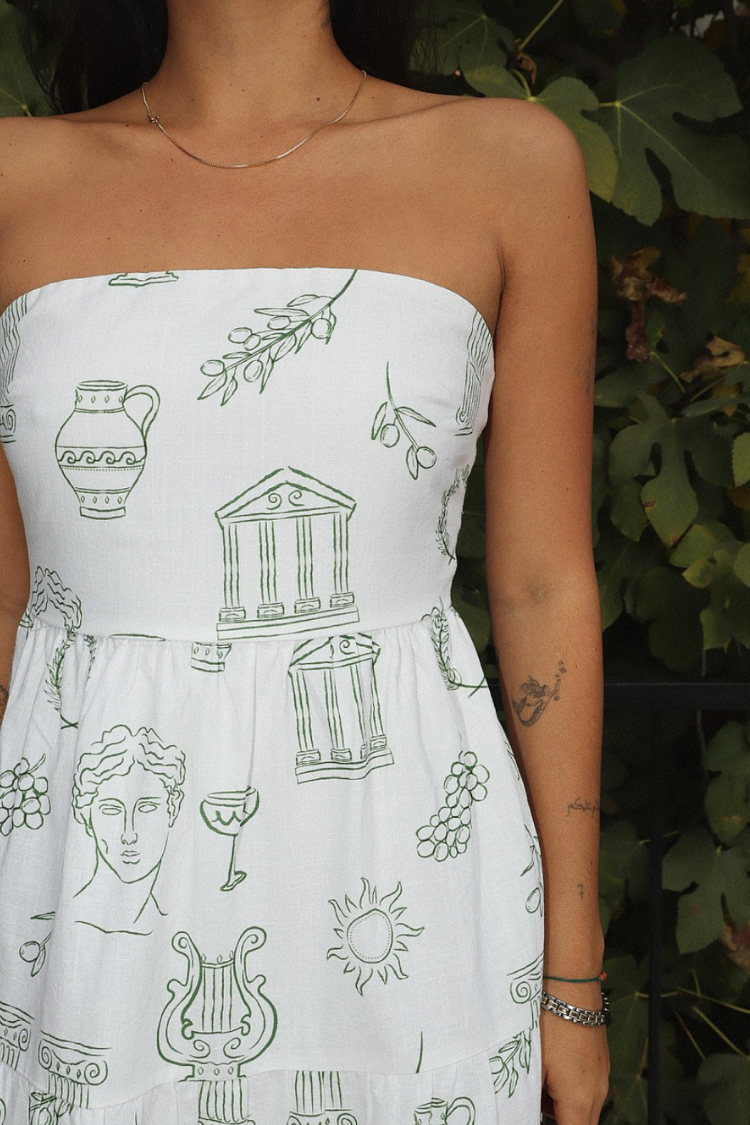 athena grecian print green and white maxi dress