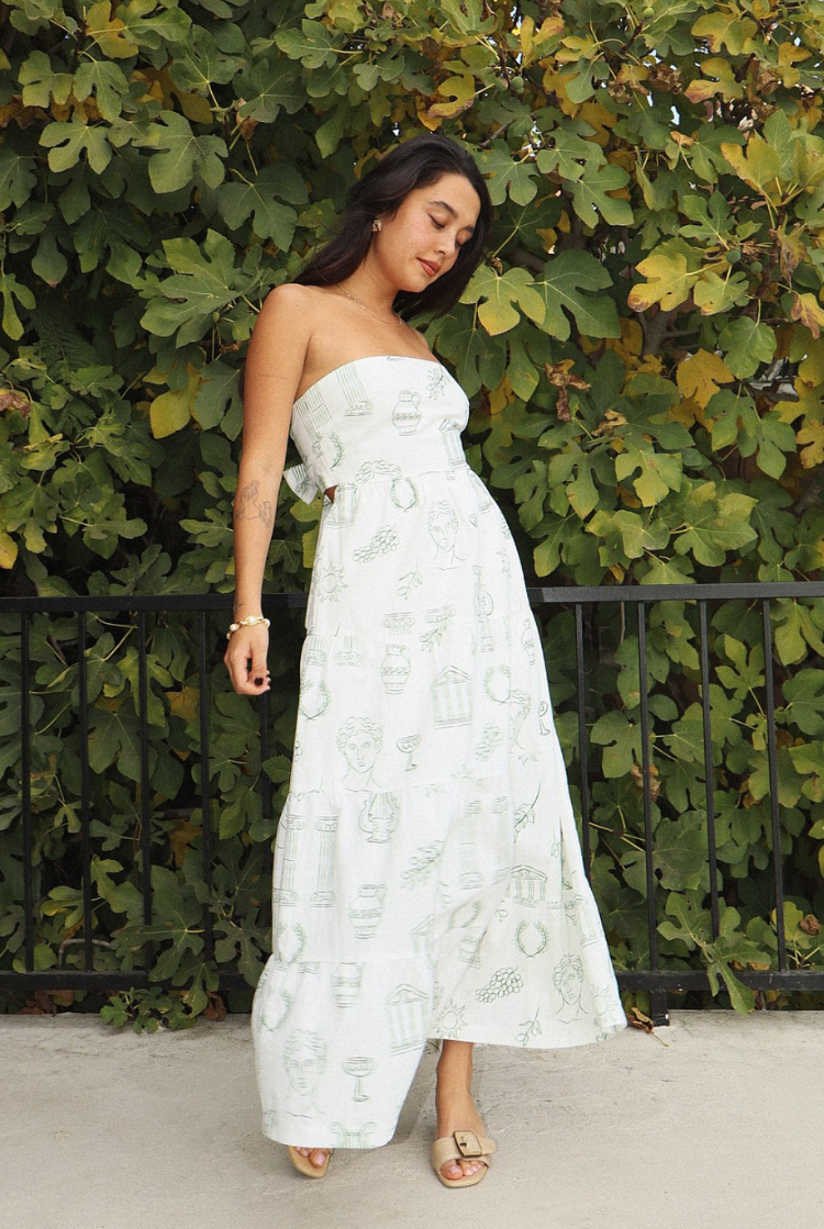 athena grecian print green and white maxi dress