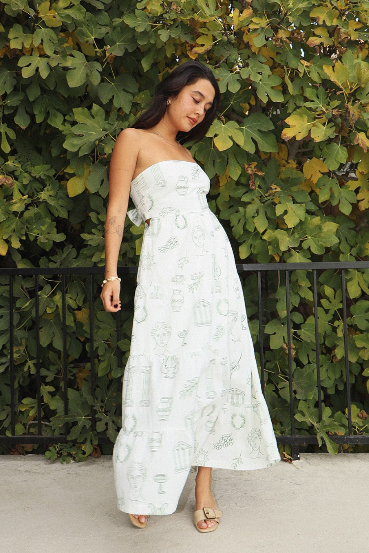 athena grecian print green and white maxi dress