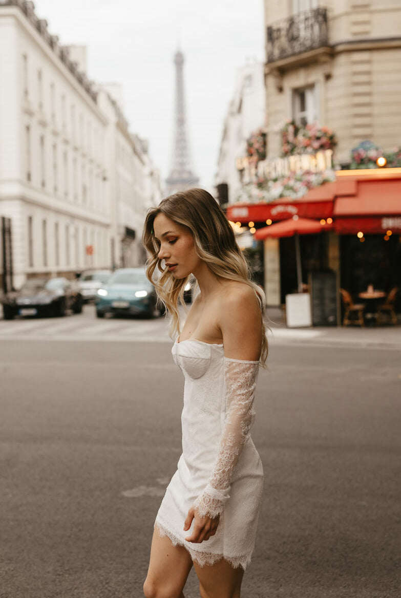 britt lace mini dress with sleeves from katie may