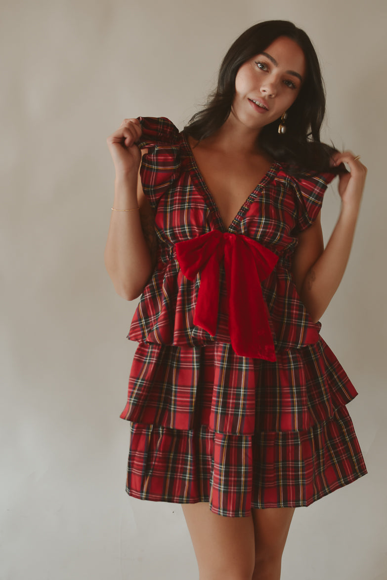 Evelyn Red Plaid Tiered Mini Dress M (12/16) / Red