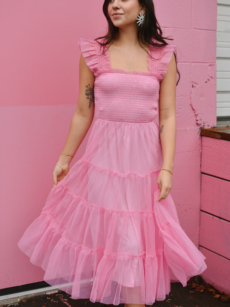 Fiori Short Bright Pink Tulle Tiered Midi Dress