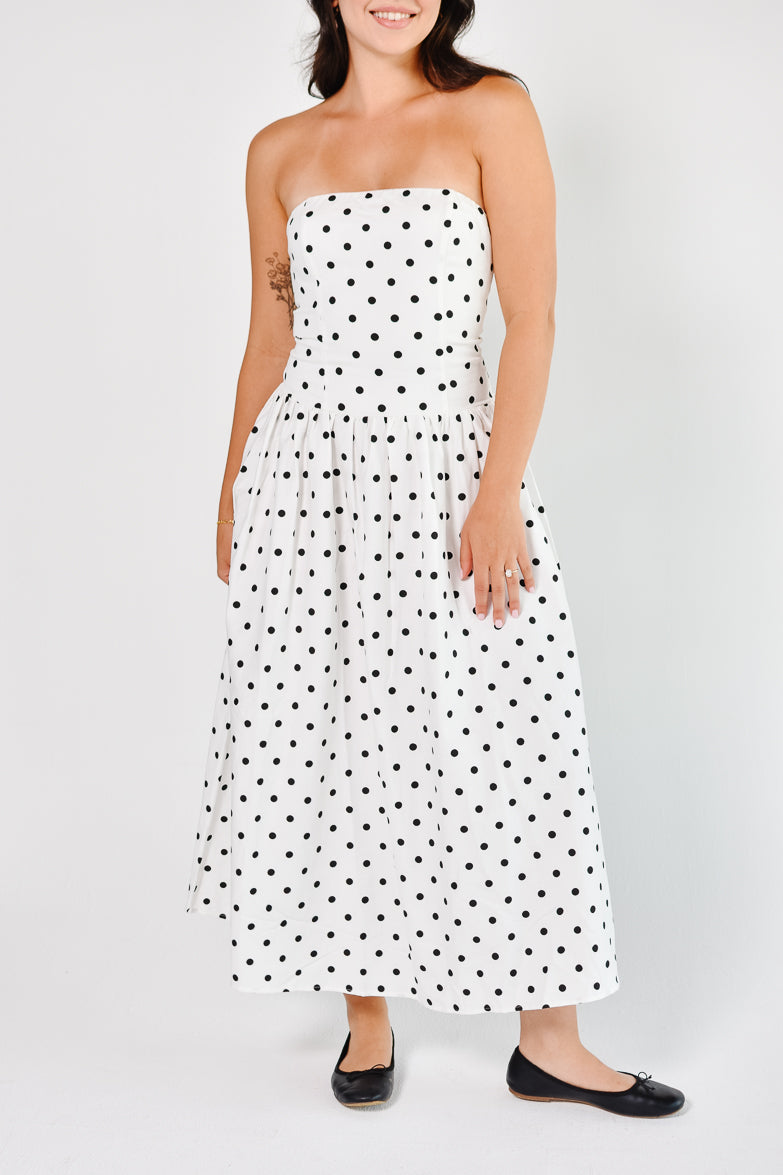 white dress with polka dots Rich In Love Strapless Midi White/Black Dot Exclusive print (print placement may differ) La Dolce Dot Strapless White