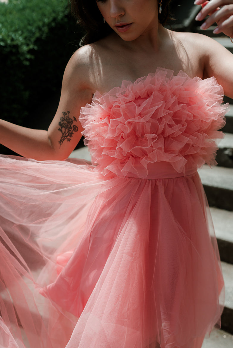 madeleine high low coral tulle maxi dress