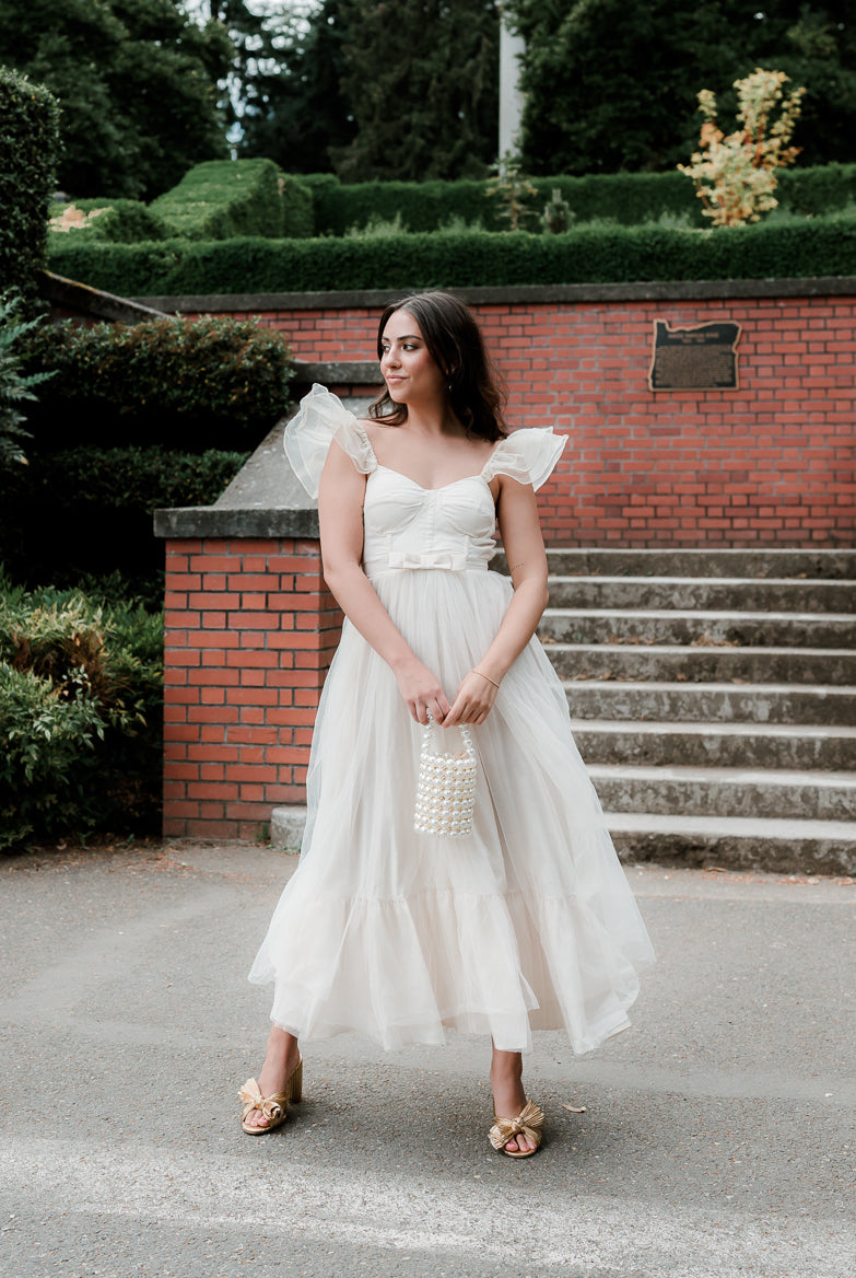 orsay cream midi dress with bow detail for bridal shower