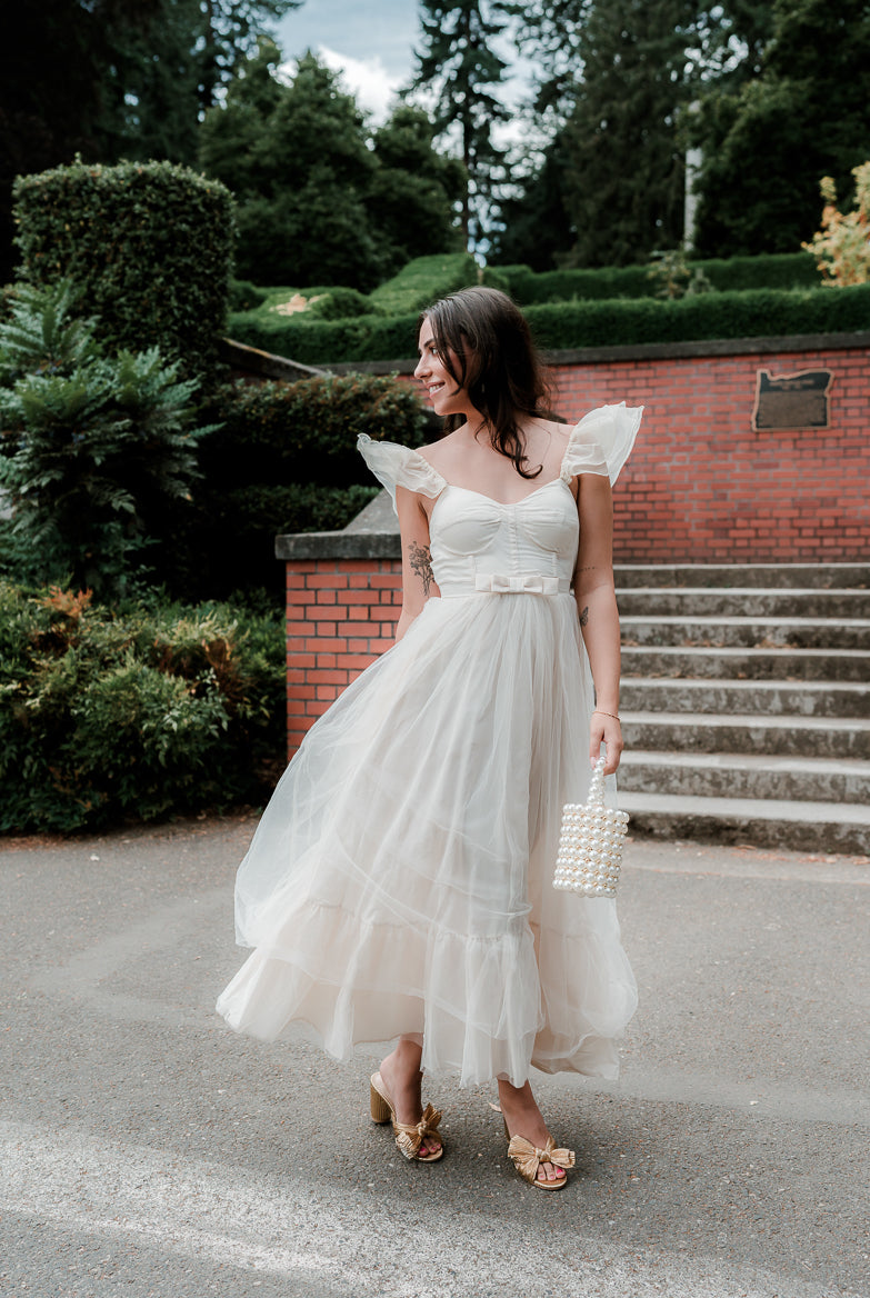 orsay cream midi dress with bow detail for bridal shower