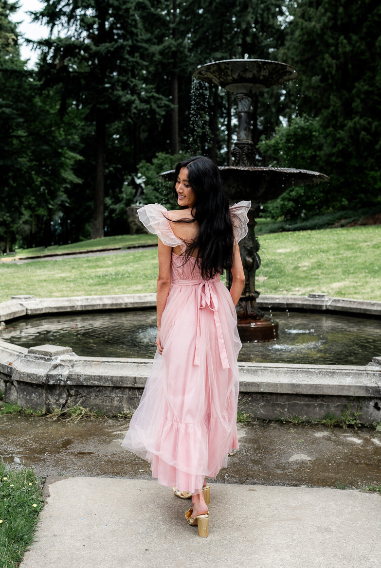 orsay pink midi dress with bow belt, pink bridesmaids dress