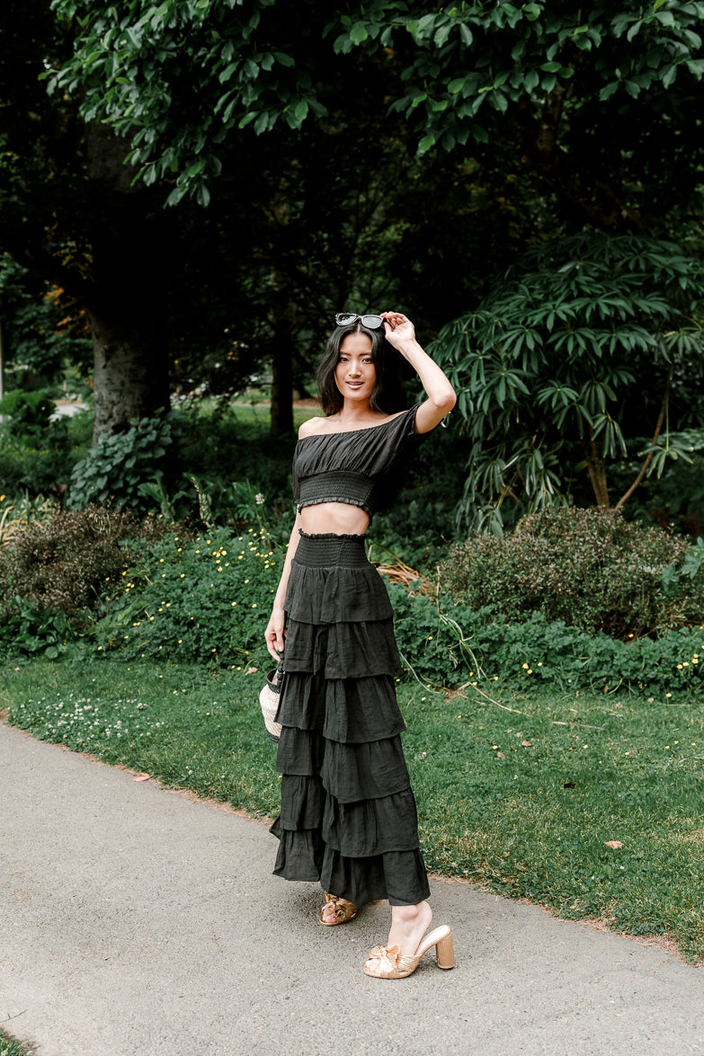 Black ruffle shop skirt set