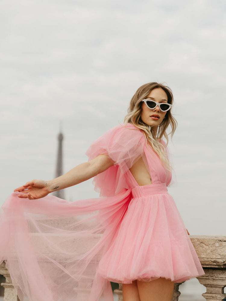 pink tulle mini dress with train for paris engagement photo dress