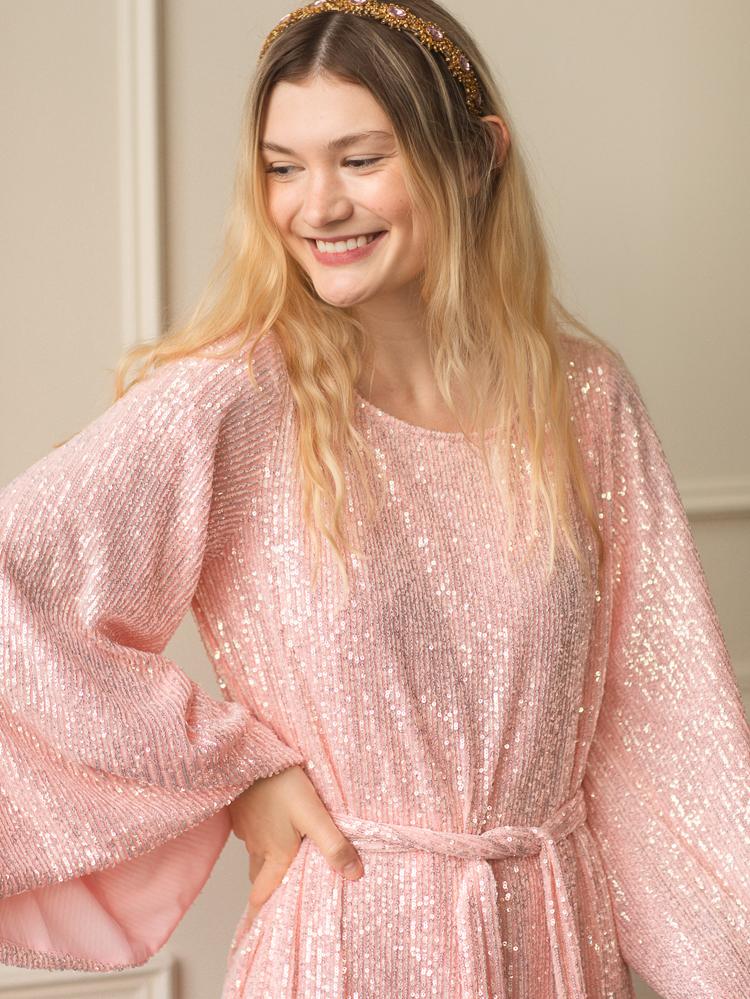 maggie pale pink sequin flowy sleeved mini dress from jay godfrey