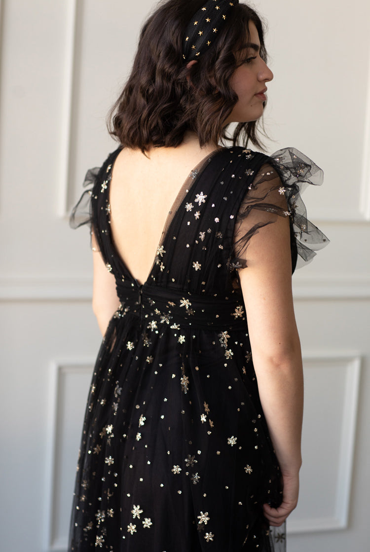 Black Sequin Star Mesh Ruffle Maxi Dress