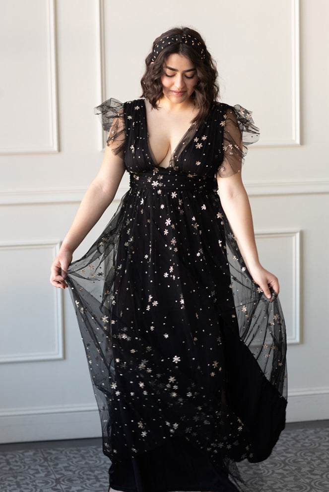 Black Sequin Star Mesh Ruffle Maxi Dress