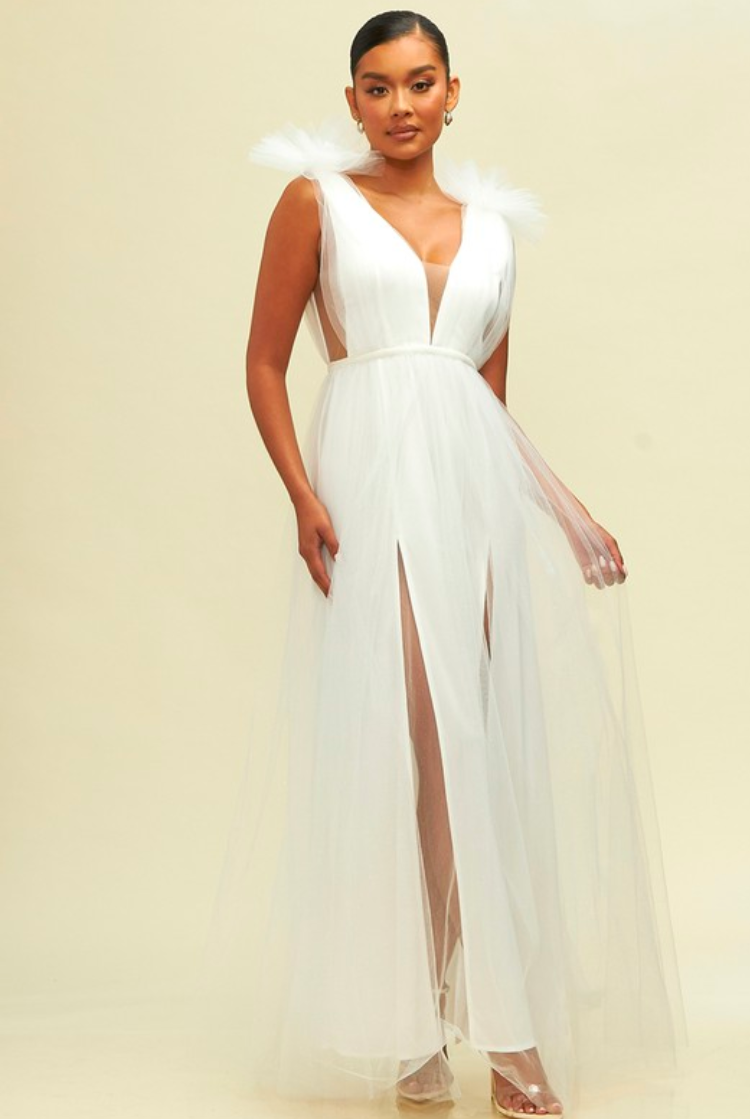 white tulle maxi dress with deep v and decorative shoulder detail