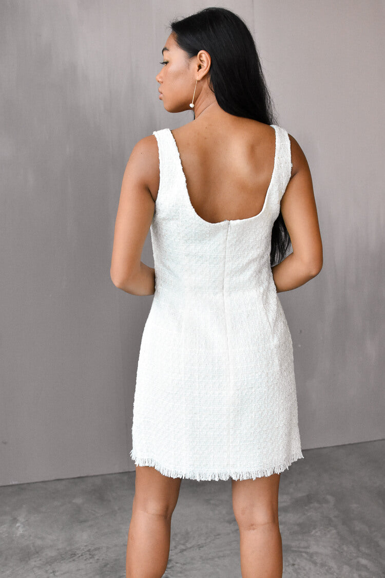 alexa tweed mini dress sau lee, bridal shower dress, winter bridal shower, ivory tweed dress,