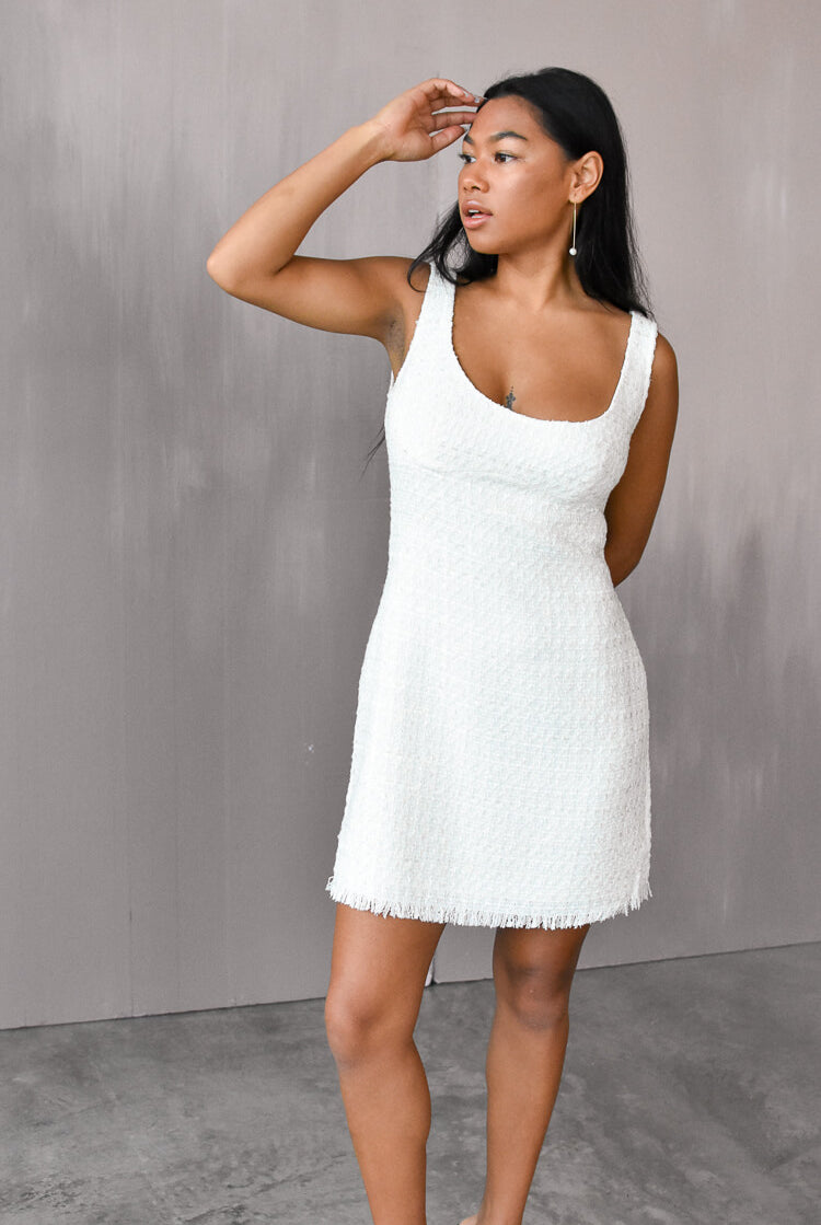 alexa tweed mini dress sau lee, bridal shower dress, winter bridal shower, ivory tweed dress,
