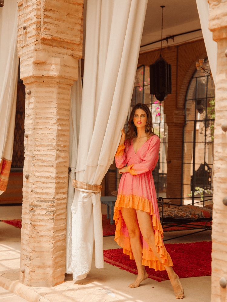 aline marbella tie and dye high low maxi dress, orange and pink high low maxi