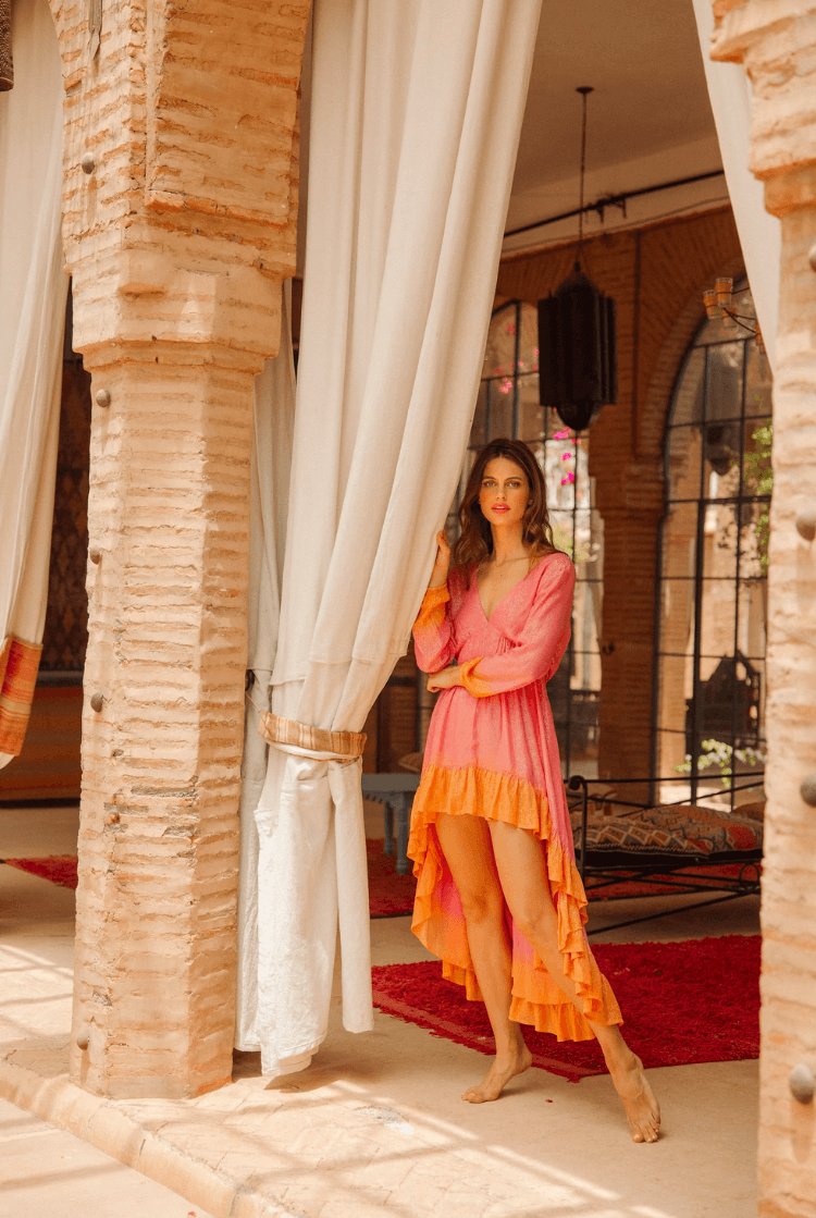 aline marbella tie and dye high low maxi dress, orange and pink high low maxi