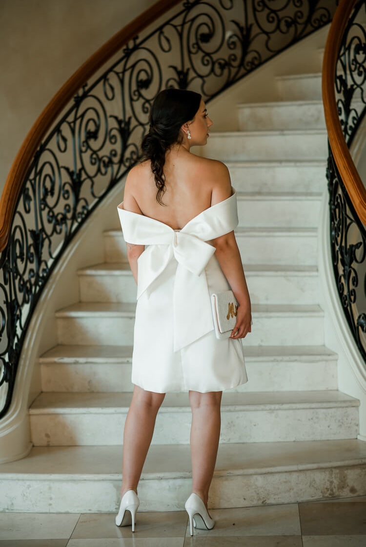 amsale bowback dress, white rehearsal dinner dress, what to wear to a rehearsal dinner, white rehearsal dinner dress for bride