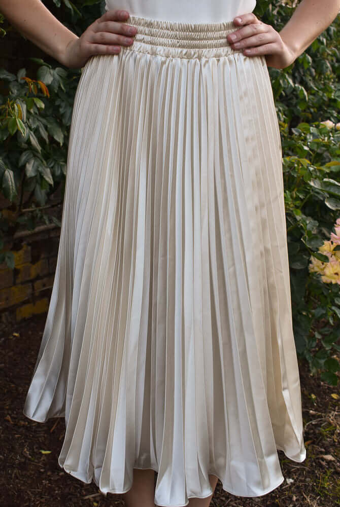 pleated satin skirt, cream silky midi skirt