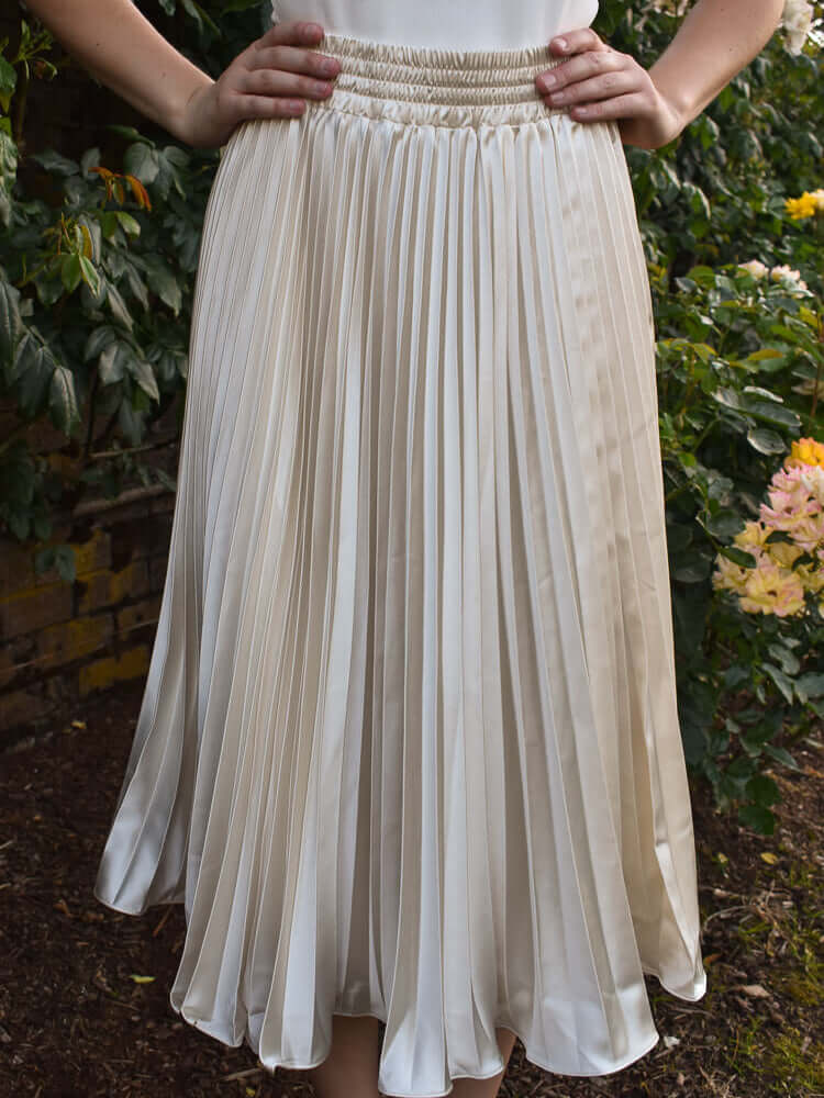 pleated satin skirt, cream silky midi skirt