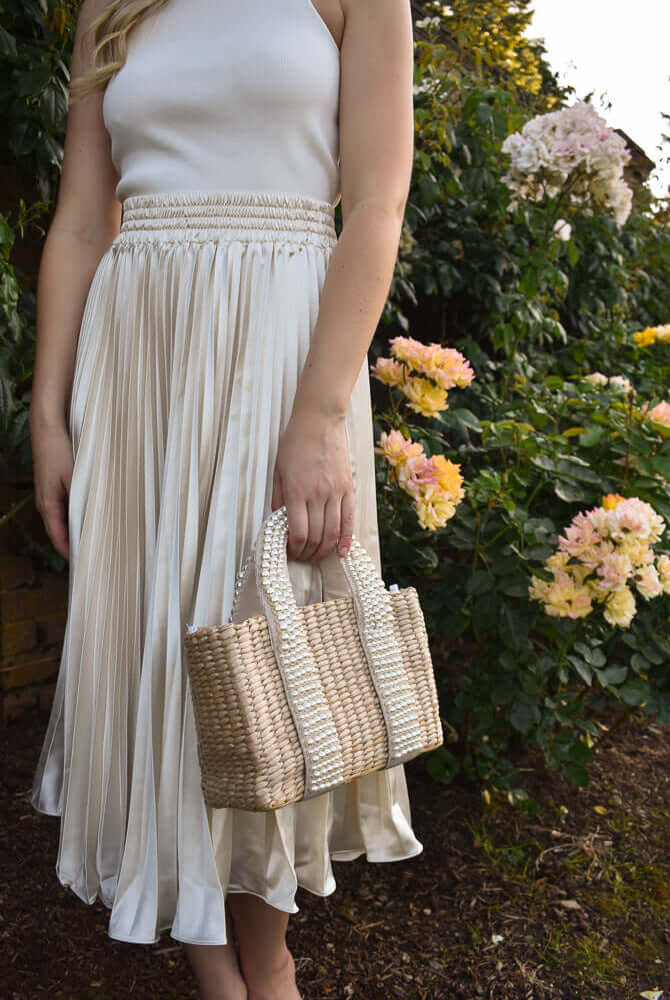 pleated satin skirt, cream silky midi skirt