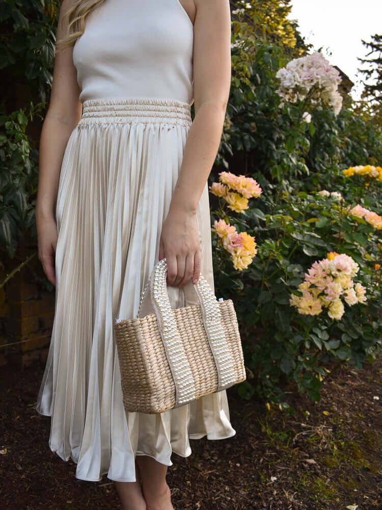 pleated satin skirt, cream silky midi skirt