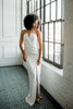 Sylvia White Strapless Tuxedo Lapel Column gown, floor length white dress, rehearsal dinner attire, bridal attire, jay godfrey sylvia dress