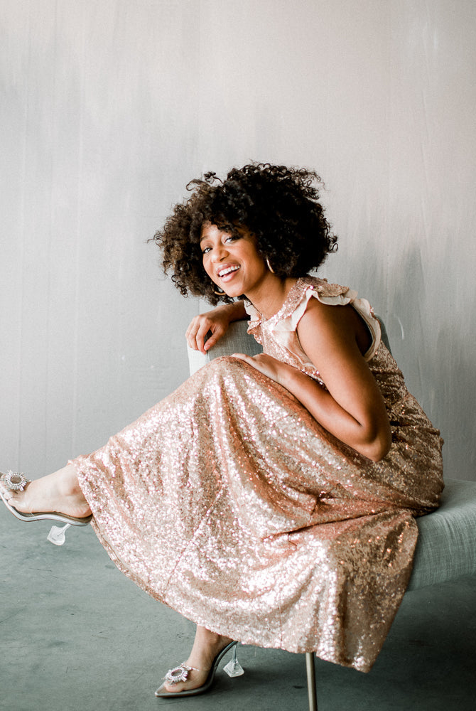 flutter sleeve sequin dress, rose gold sequin dress, pink sequin maxi, pink sequin maxi dress