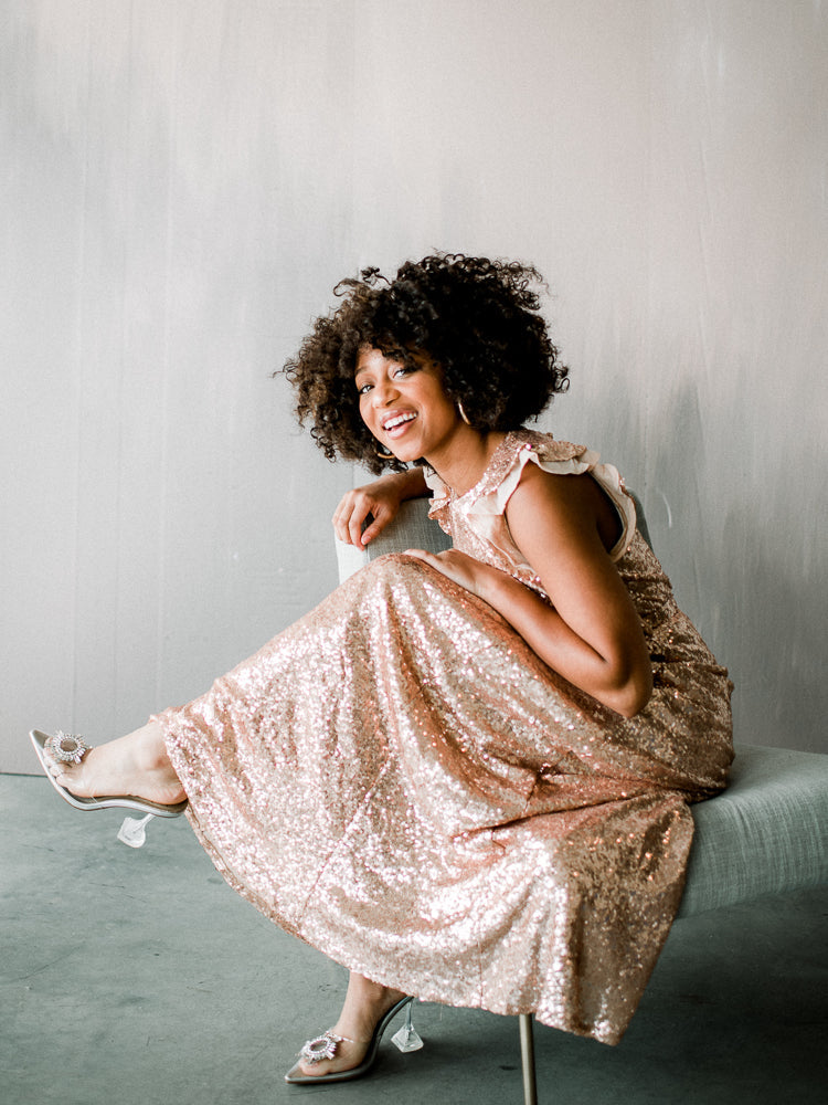 flutter sleeve sequin dress, rose gold sequin dress, pink sequin maxi, pink sequin maxi dress