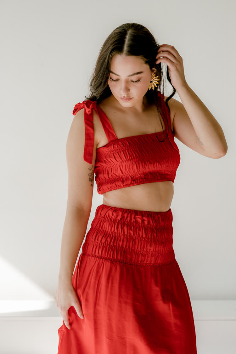charlie holiday marsha cropped top, red vacation set, red maxi skirt set