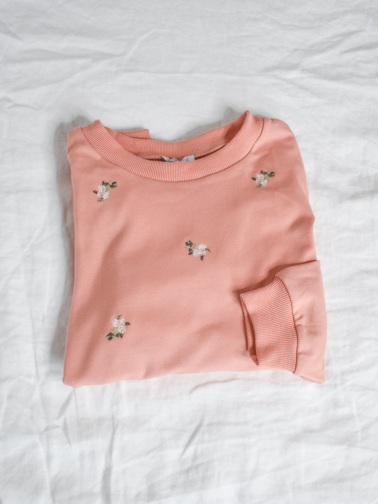rosie floral embroidered salmon sweatshirt, loungewear set, cute loungewear set, floral embroidered loungewear set