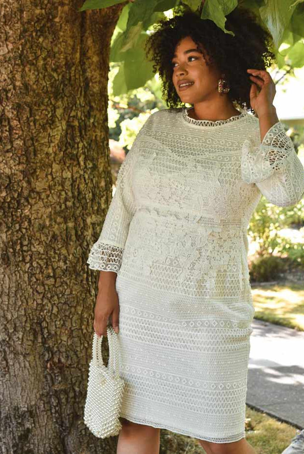 plus size white dress, plus size rehearsal dinner dress, plus size white lace dress, white lace long sleeved dress, plus size bride