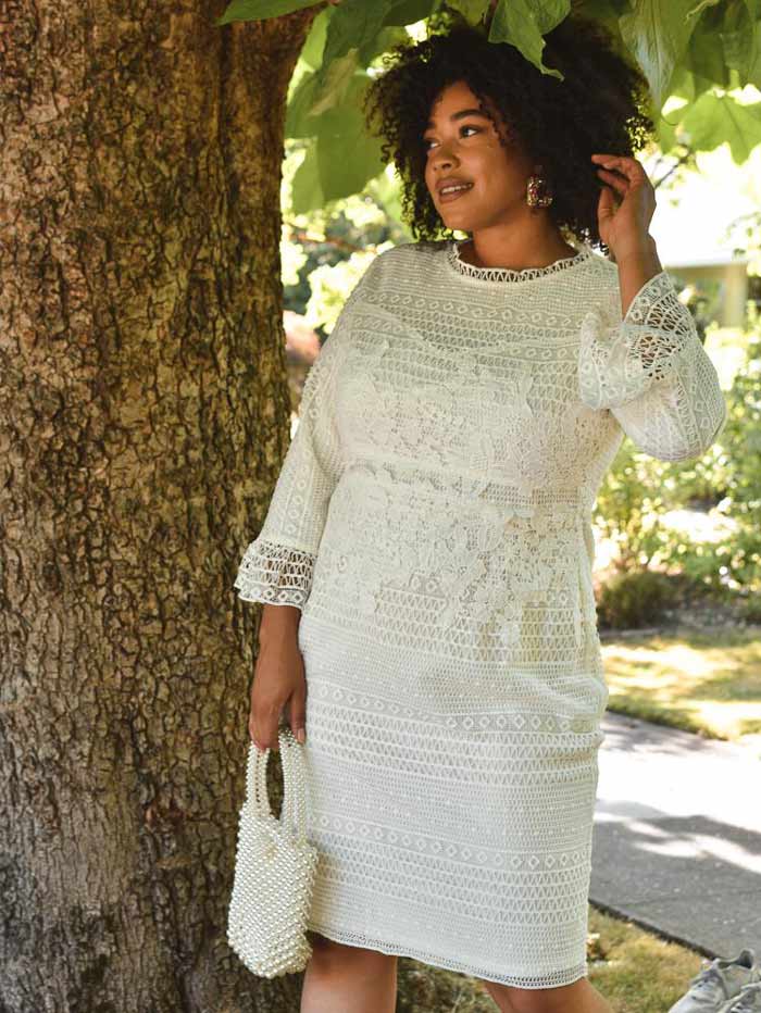 plus size white dress, plus size rehearsal dinner dress, plus size white lace dress, white lace long sleeved dress, plus size bride