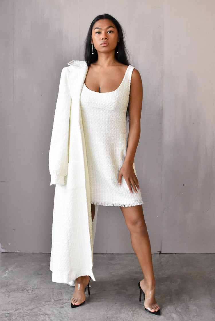 alexa tweed mini dress sau lee, bridal shower dress, winter bridal shower, ivory tweed dress,