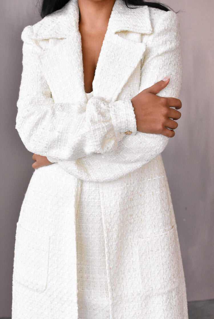 alexa tweed coat sau lee, coat for bride, white tweed coat, cream tweed coat.