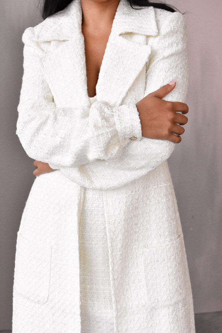 alexa tweed coat sau lee, coat for bride, white tweed coat, cream tweed coat.