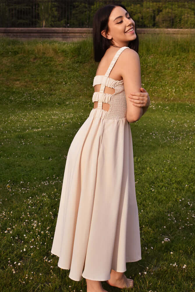 cream cutout dress, cream midi dress, cult gaia cutout dress lookalike, modern bride look