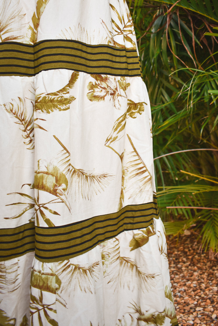 palm print dress, palm print maxi dress, agua bendita dress dupe, tiered tropical print dress