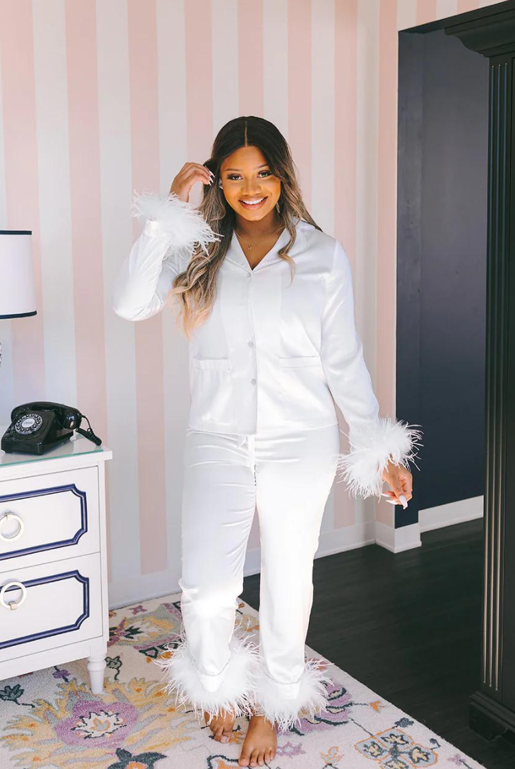 white feather pjs for bride